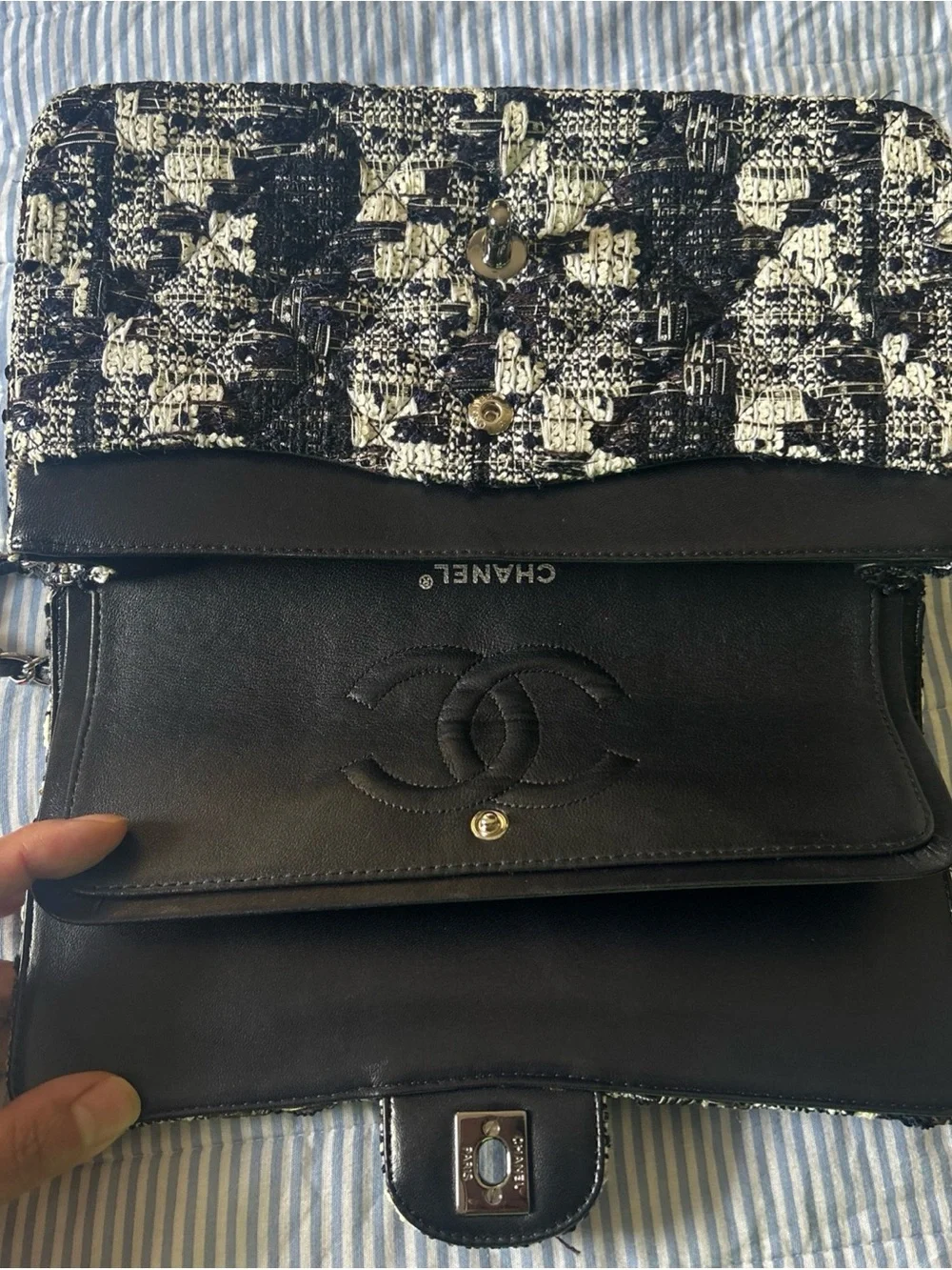 Chanel Navy Black Tweed Double Flap Double Chain Shoulder Bag 25 Silver Chain